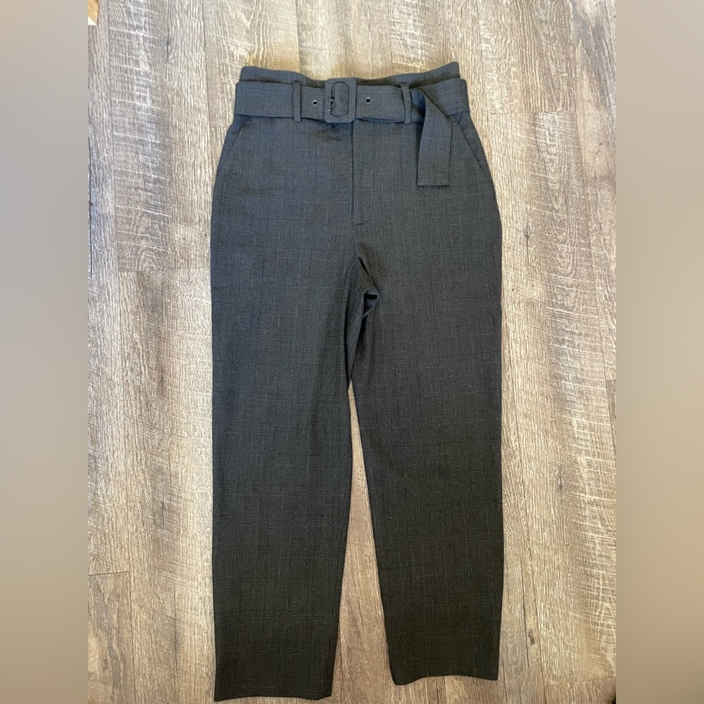 Zara straight leg high waist trousers pants with belt plaid